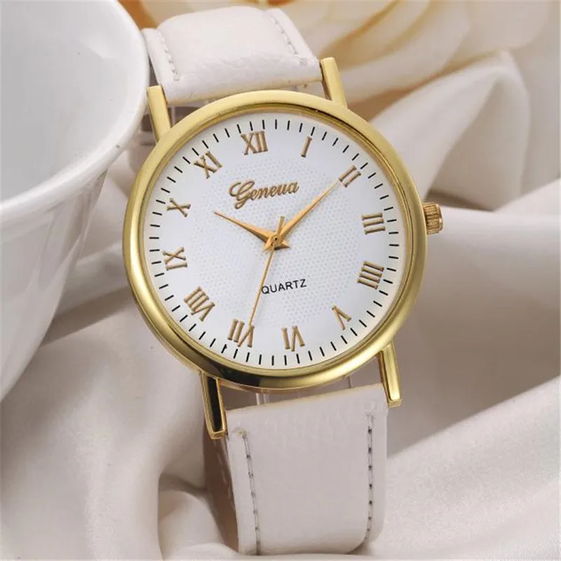 Brand Geneva Fashion Unisex Leisure Dial Leather Band Analog Quartz Wrist Watch Roman Numbers