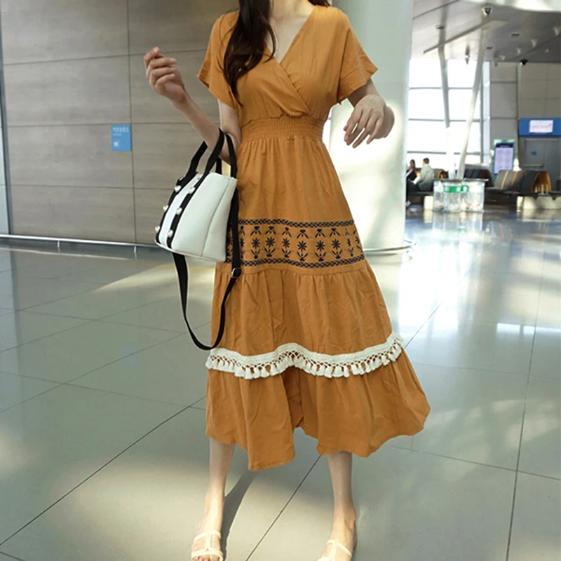 

KHALEE YOSE Holiday Casual Maxi Dress Floral Embroidery Dress Summer Backless Tiered Tassels Bohemian Beach Vintage Dress Womens