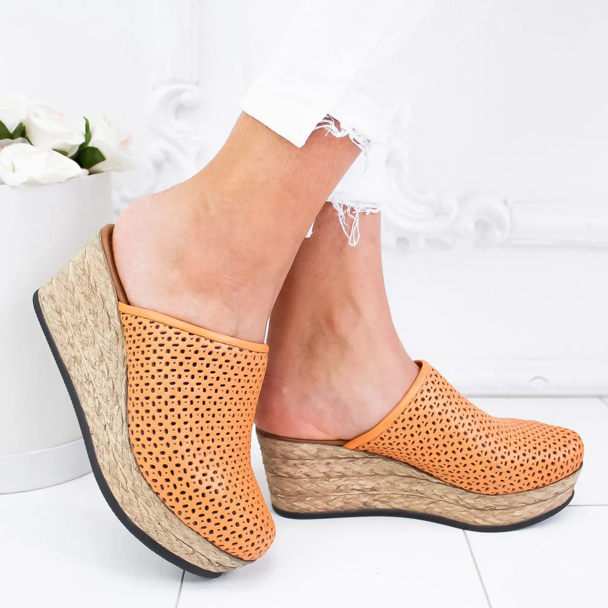 

2019 PU leather Wedges Platform Women Slippers High Heels Ladies Shoes Closed Toe Slides large size