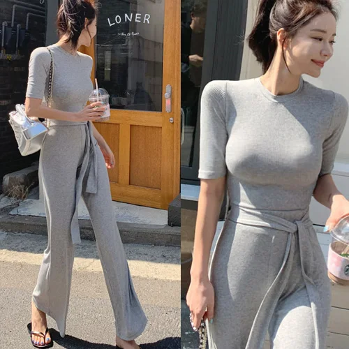 

New Female grey Fitness women Two Pieces Sets Summer Cotton t shirt set Wide legged Pants casual Tops High Waist trousers Suits