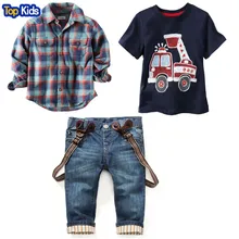 Г., комплекты детской одежды на весну, костюм для маленьких мальчиков рубашка в клетку с длинными рукавами+ футболка с принтом машины+ джинсы, комплект из 3 предметов, CCS350