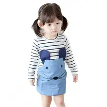 Baby Girl Dresses Striped Patchwork Character Long Sleeve Cute Mouse Children Clothing Kids Girls Dress Denim Kids Clothes