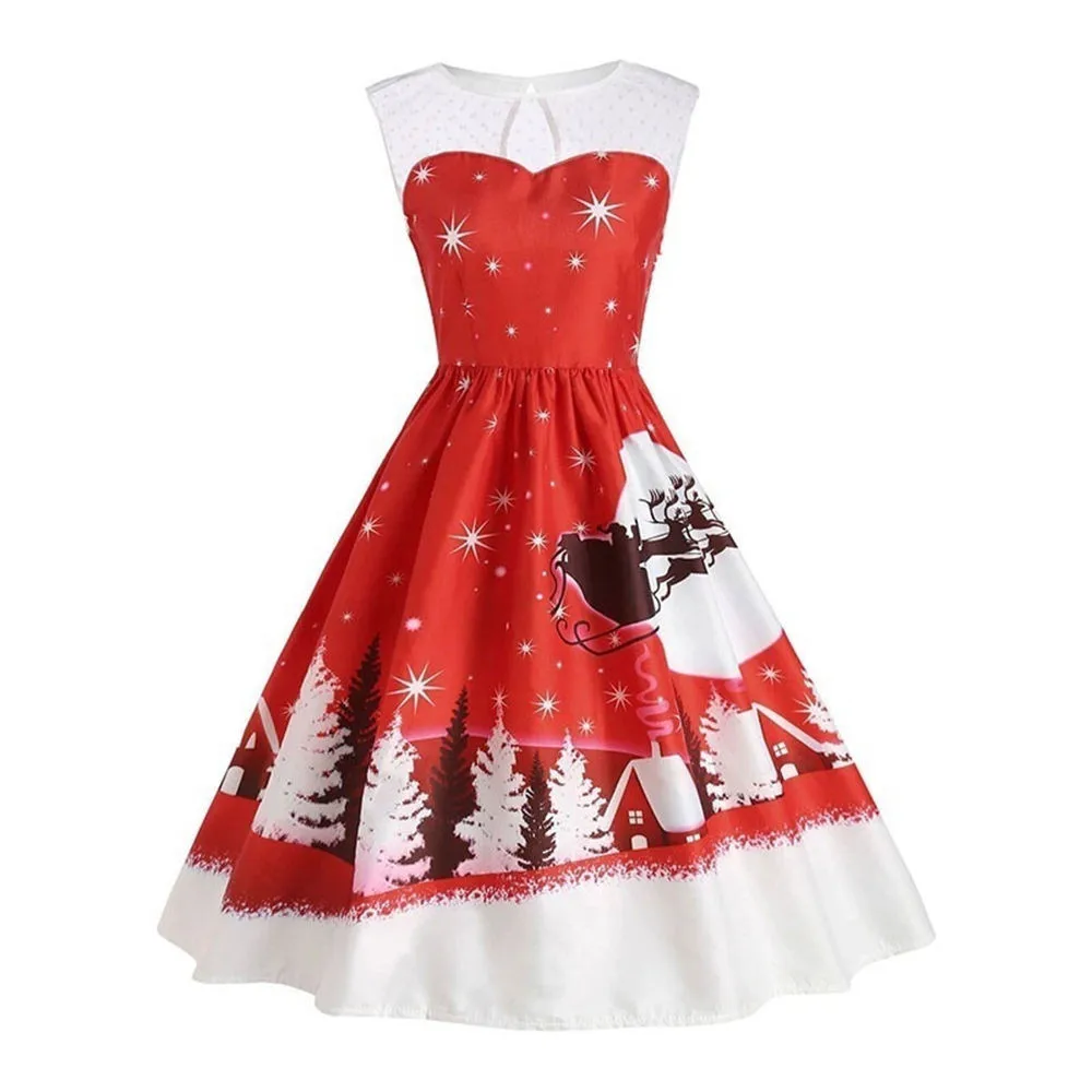 

Christmas Women's Dresses Sleeveless Vintage O-Neck Printed Swing Dress For Lady Female Women Elegant Autumn Dress SA60