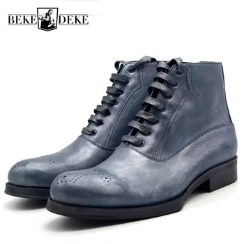 

2019 Runway Men New Painting Ankle Boots Top Quality Nature Leather Work Safety Shoes Vintage Wing Tips Motorcycle Botas Hombre