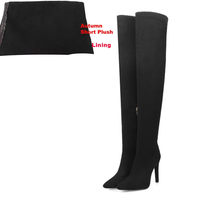 Lasyarrow Sexy Тонкий Ботфорты Для женщин черный, красный высокие сапоги на шпильках из флока на высоком каблуке Botas feminina RM163 - Цвет: Short Plush Black