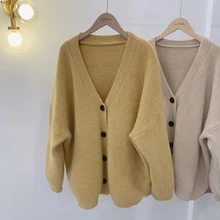 Зимние теплые толстые кардиганы для женщин с длинным рукавом и v-образным вырезом, однотонные Свободные Повседневные свитера, вязаные пальто больших размеров, верхняя одежда