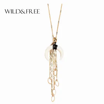 

WILD & FREE Women Ethnic Crescent Horn Pendant Necklace Vintage Gold Zinc Alloy Tassel Copper Wire Wrap Collar Necklace Jewelry