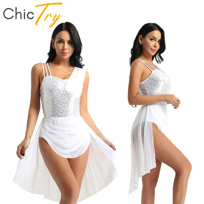 

ChicTry Women Spaghetti Straps Sequins Lyrical Stage Dance Costumes Adult Gymnastics Leotard Ballet Tutu Irregular Chiffon Dress