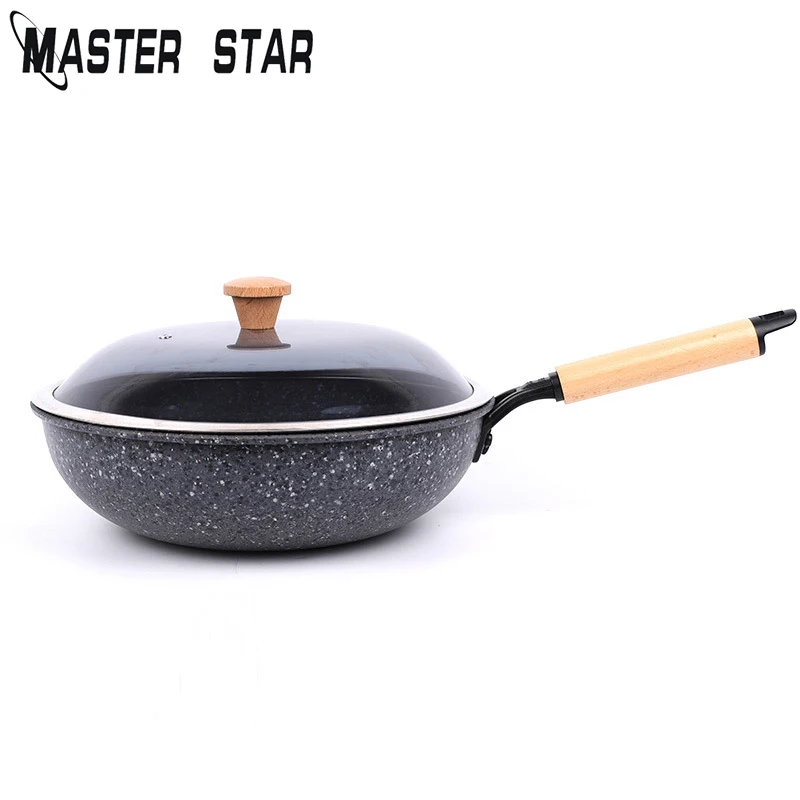 Мастер Звезда чугунный вок для кухни Антипригарная посуда со стеклянной крышкой использовать для газа и плиты - Цвет: Светло-серый