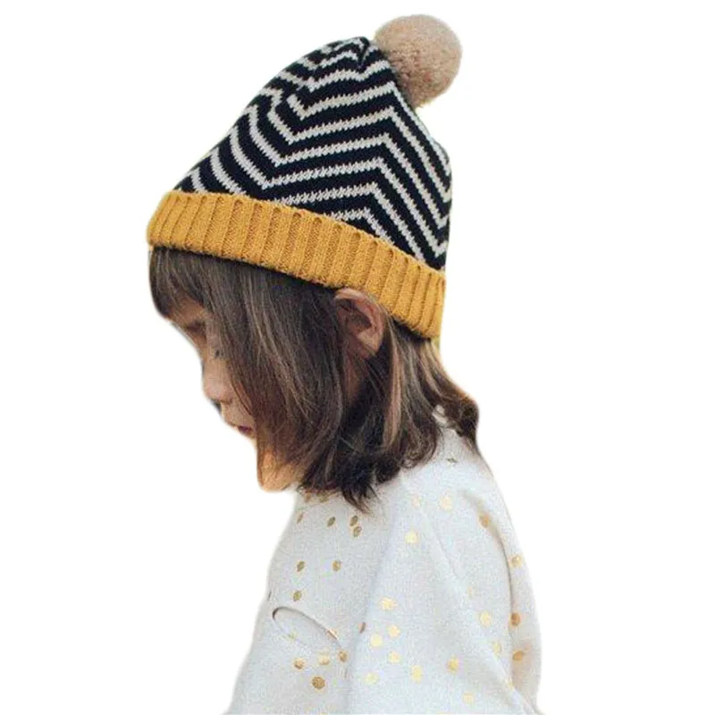  Autumn Winter Children Hats Baby Knitted Ball Caps Boys Girls Cute Warm Beanies New Fashion Kids Wave Knitting Wool Hat Female