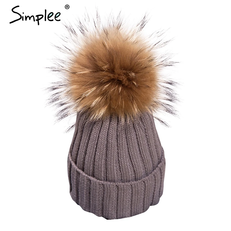 Женская теплая шапка-чулок с помпоном Simplee, Лыжная шапочка со съемным меховым помпоном, теплая женская шапка на осень и зиму - Цвет: Темно-серый