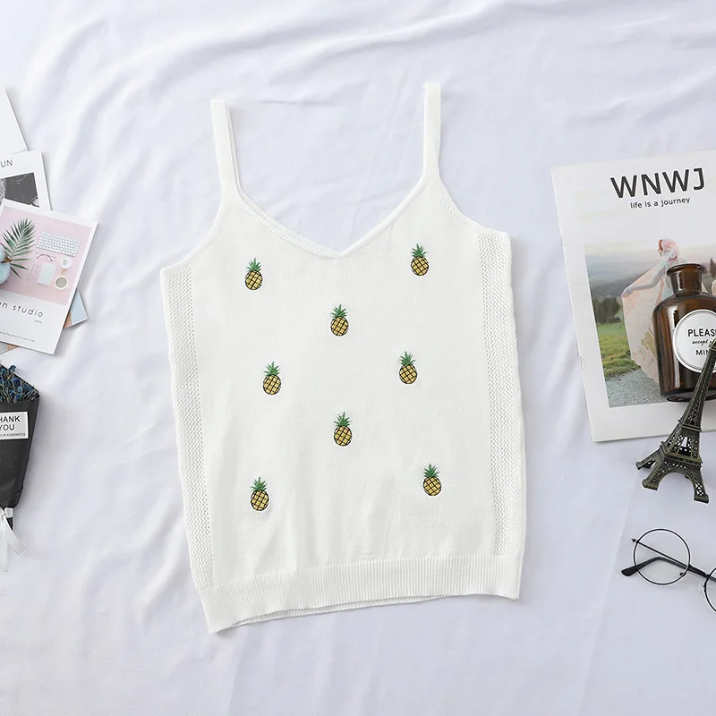 

HELIAR Pineapple Embroidery V-Neck Tank Tops Camis Knitted Short Slim Elastic Crop Tops Summer Fashion Women's Clothing Camis
