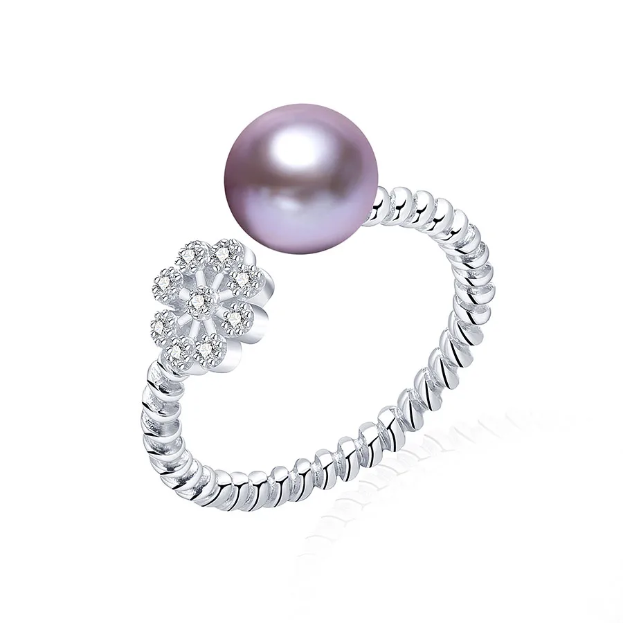Распродажа! Высокий блеск кольца с натуральным пресноводным жемчугом для женщин Мода цветок циркон серебро Ювелирное Украшение регулируемое кольцо - Цвет камня: purple pearl