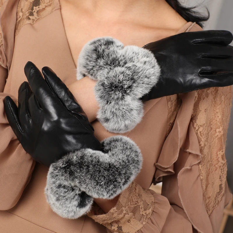 Бесплатная доставка 2 пары Дамская Модные Перчатки моющаяся кожа с кроличьим мехом на запястье экран-перчатки для сенсорных экранов для