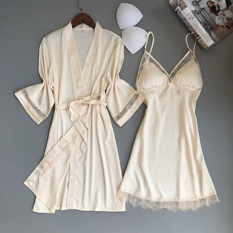 MECHCITIZ, женский сексуальный кружевной Шелковый халат и платье, комплект, платье для сна+ банный халат из двух частей, 5 цветов, халат для подружки невесты, свадебная Пижама - Цвет: Бежевый