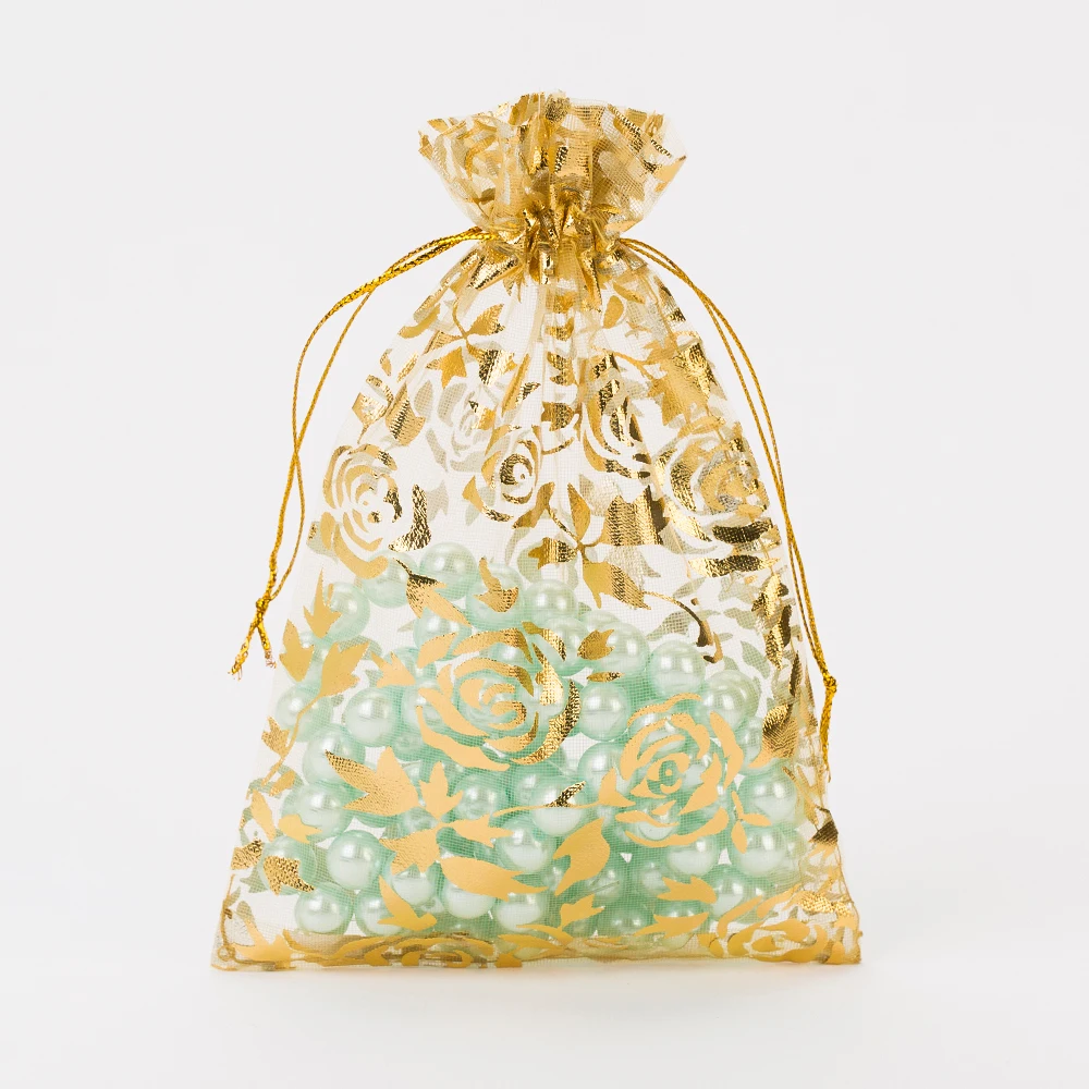 13x18cm Gold Rose Organza Jewelry Gift Bags Cheap Organza Pouches