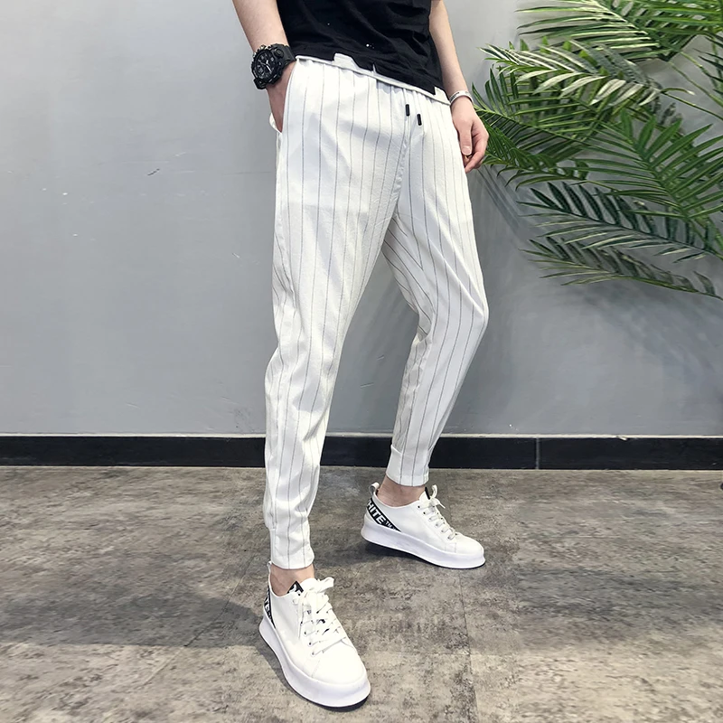 Vertical Stripe Leisure Time Male Trend Bound Feet Long Thin Pants Sociology Guy streetwear joggers Chinese Style Black