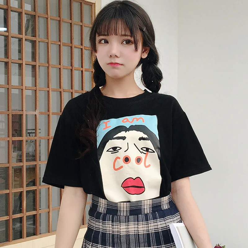 Корейская одежда ulzzang летние свободные Забавные футболки с принтом Женская Harajuku