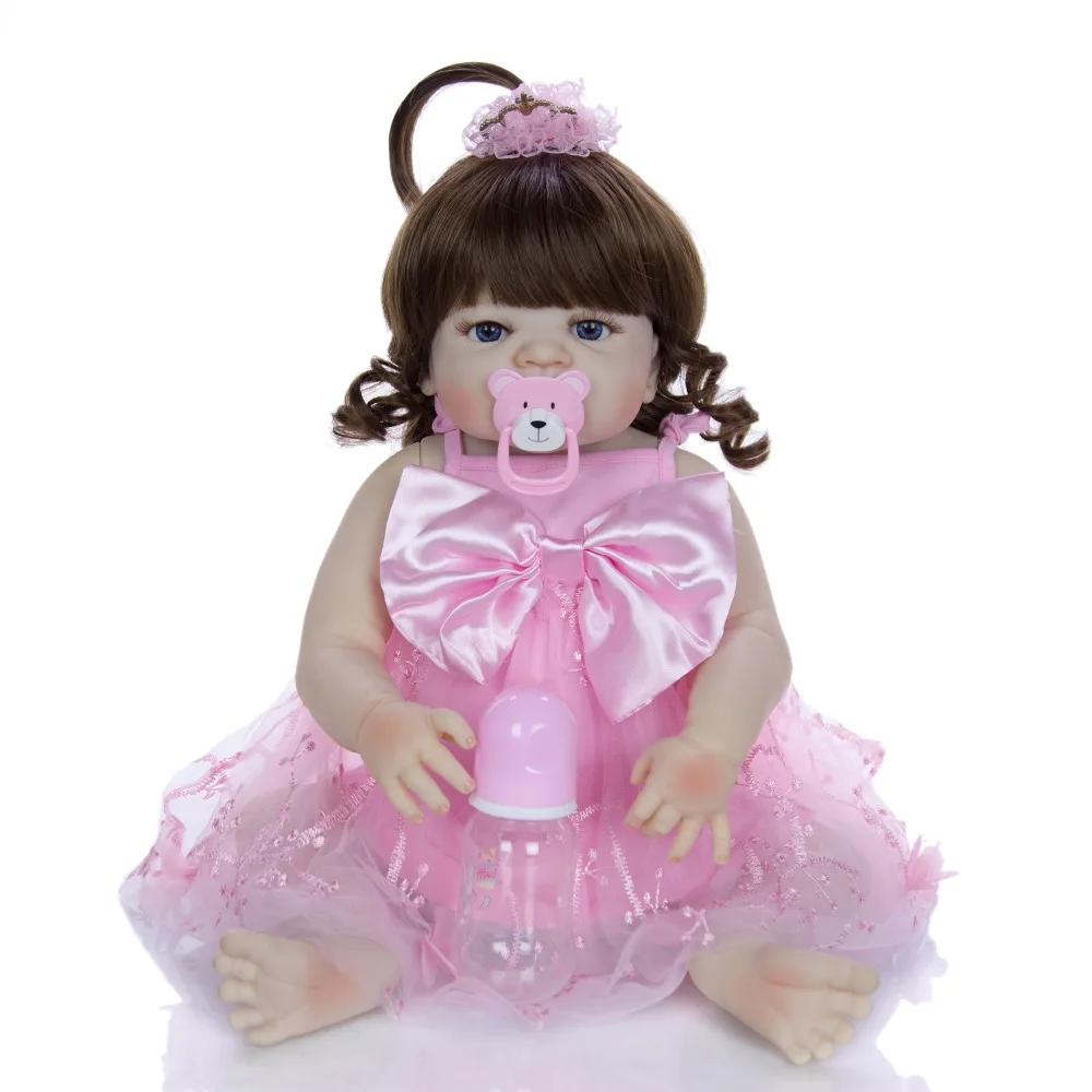

22 inch vinyl Silicone Reborn Baby with pink dress Alive Girl Doll Toy Bebe reborn Boneca fashion Curly Hair doll Birthday gift