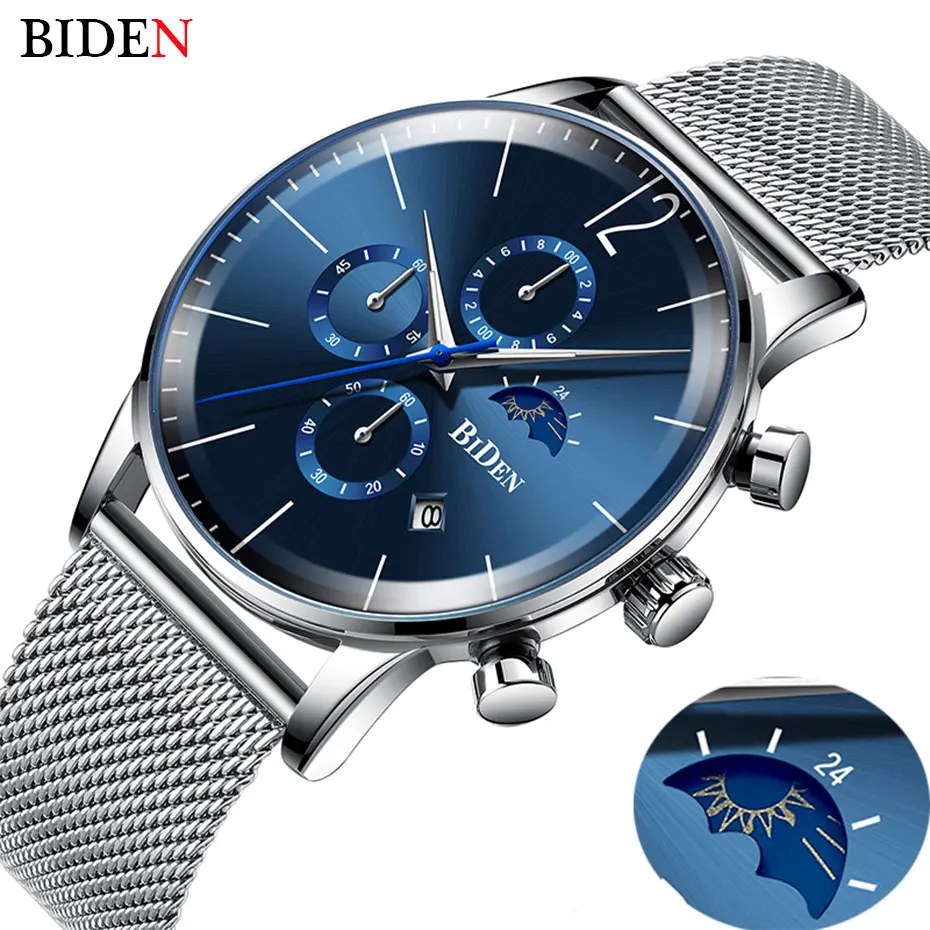 

BIDEN Mens Watches Top Brand luxury Blue Dial Chronograph Moon Phase Date Steel Mesh Sport Waterproof Men Wristwatch