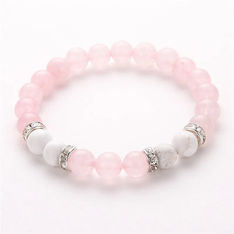 8 мм розовый и белый натуральный камень браслеты и браслеты с бусинами из кристаллов для женщин ручной работы украшения Pulsera MBR180113 - Окраска металла: pink