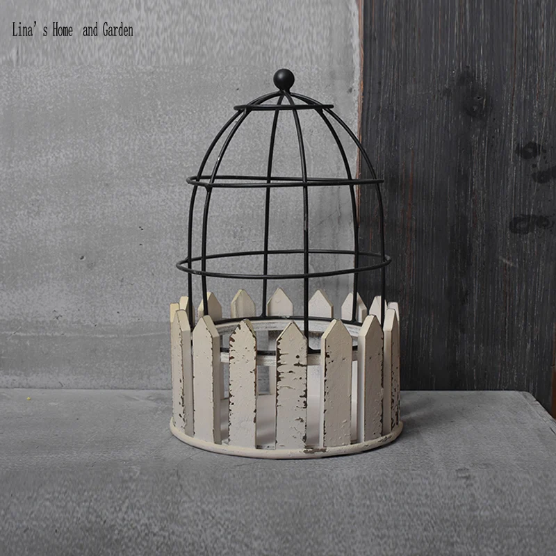 vintage antique handmade wood round fence planter holder with metal wire dome (21)