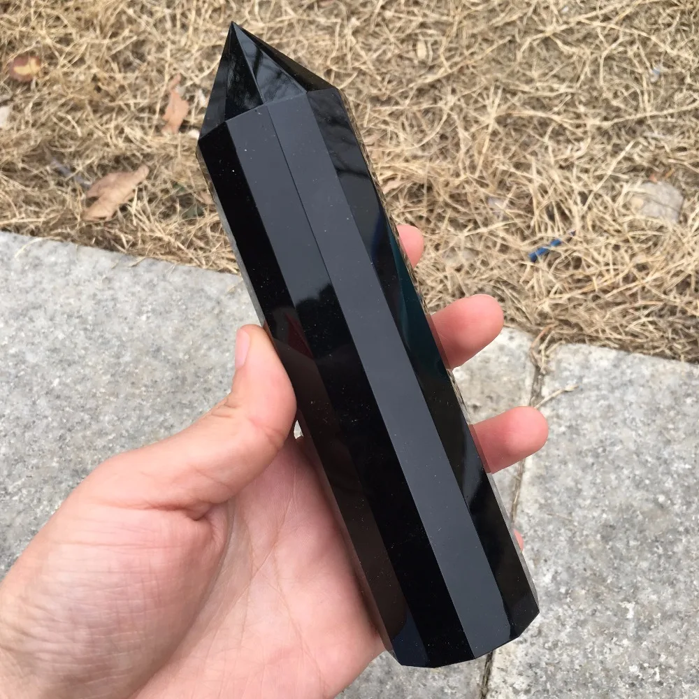 

12 facet high energy large size natural black obsidian wand point reiki healing crystals spirituality obelisk tower wicca wand