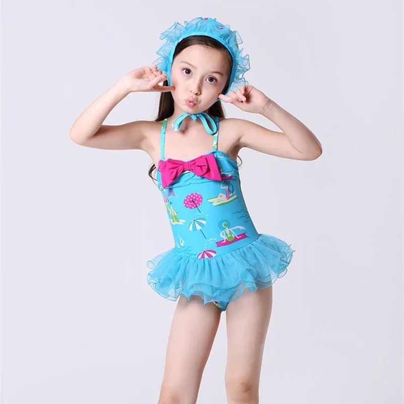 2017 New Girls Swimwear Red And Blue One Pieces Swimsuit Kids Ruffled