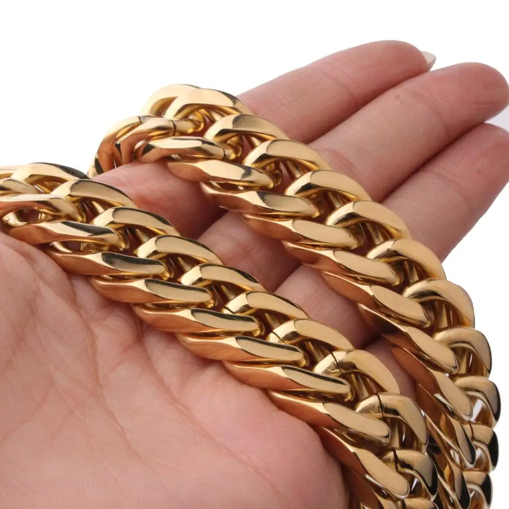 

Heavy Huge 17mm Yellow Gold Tone Cuban Curb Link Chain Stainless Steel Necklace/Bracelet Biker Mens Gift 7-40 inch Custom Size