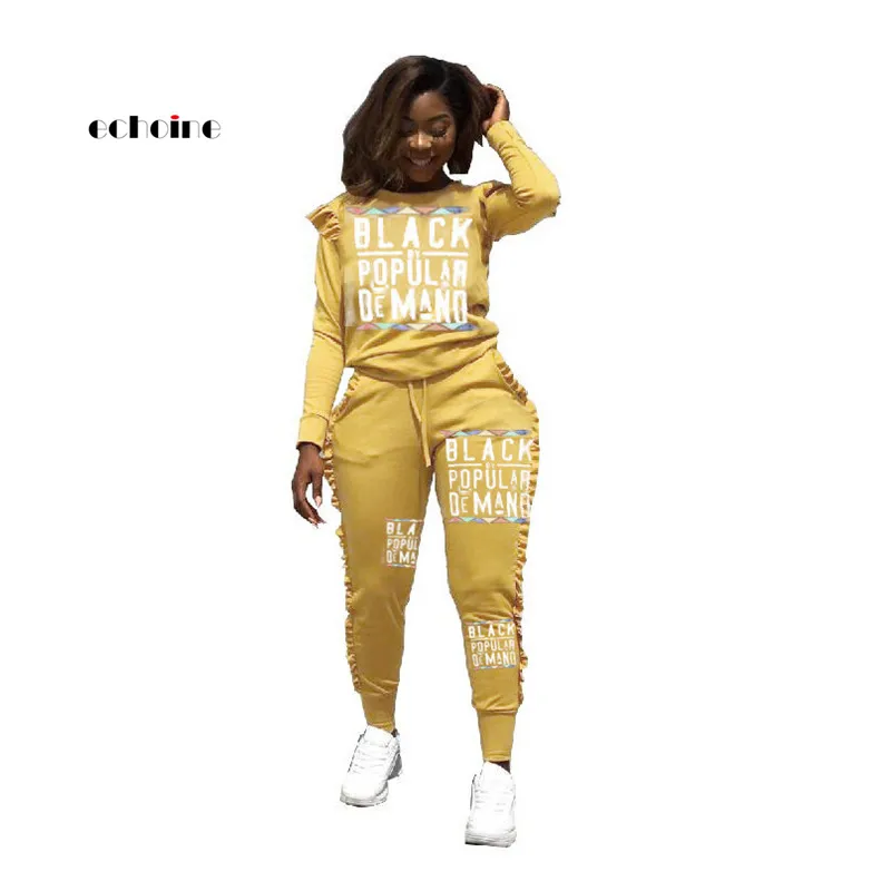 

Echoine Suits Women New Black Yellow Letter Print Warm Hoodies Long Sleeved Ruffles 2 Piece Set Autumn Winter Women's Long Pants
