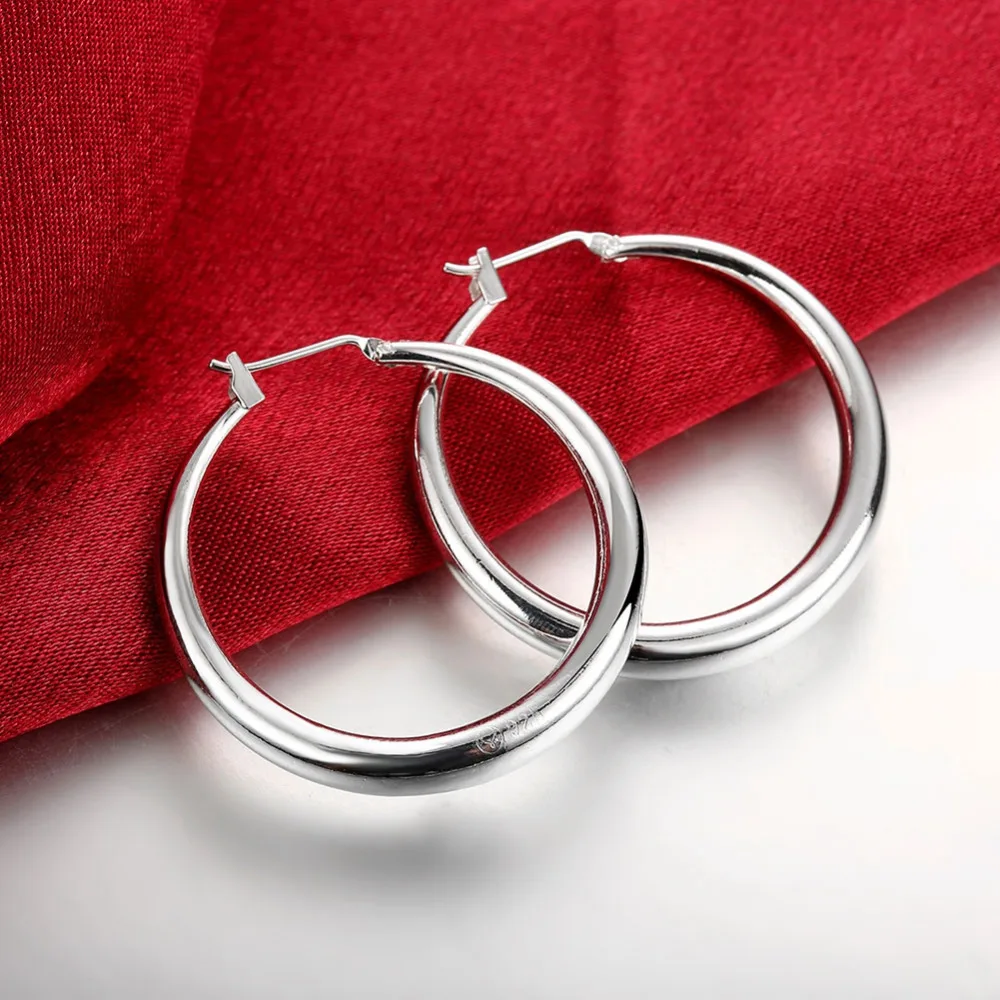 

100% REAL 925 STERLING SILVER BIG HOOP EARRINGS OUT DIAMETER 34MM FOR WOMEN GIRLS PARTY EARRINGS JEWELRY ACCESSORIES