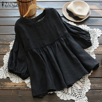 

Plus Size Women Linen Blosue Vintage ZANZEA 2020 Elegant Blusas O-neck Lantern Sleeve Pleated Casual Shirt Ruffle Work Tunic Top