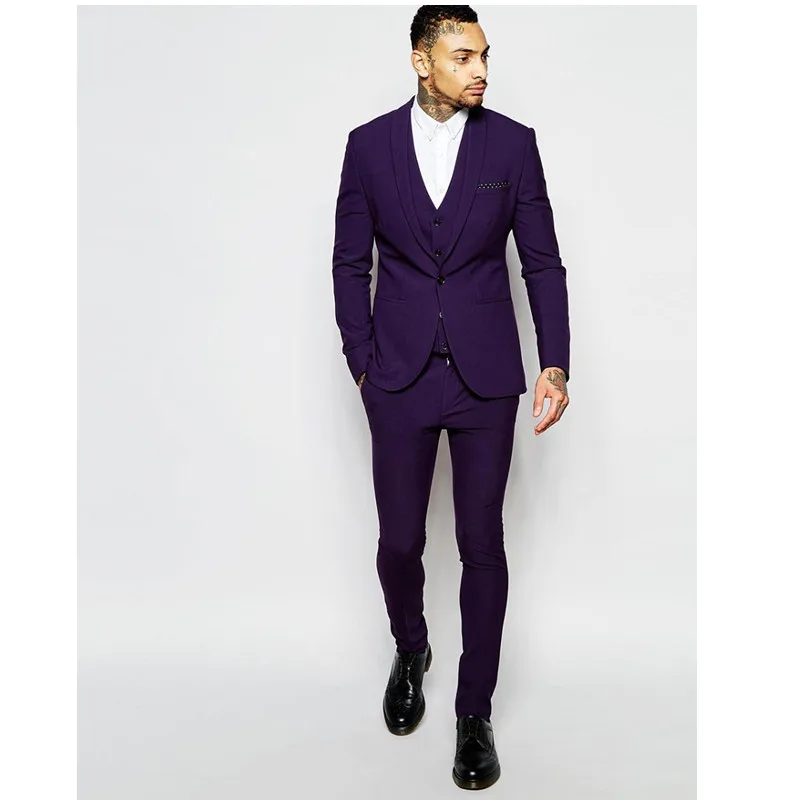 233 Center Vent Groomsmen Shawl Lapel Groom Tuxedos Purple Men Suits Slim Fit Wedding Best Man Blazer (Jacket+Pants+Vest+Tie) C54