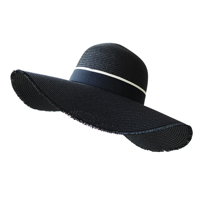 2019 جديد أزياء المرأة يدوية الأسود القش قبعة الشريط قبعات للحماية من الشمس واسعة حافة عارضة الإناث الصيف الظل قبعة للشاطئ مكافحة غطاء للأشعة ...