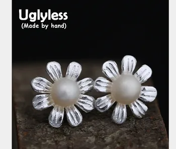 

Uglyless Real S990 Fine Silver Women Elegant Pearls Stud Earrings Handmade Engraved Daisy Flower Studs Elegant Statement Brincos