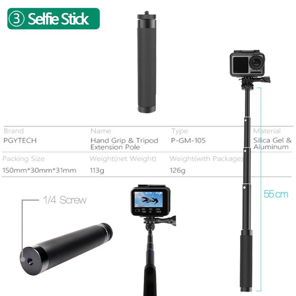 PGYTECH DJI Osmo экшн штатив селфи палка 1/4 крепление рукоятка Штатив для GoPro Hero 7 6 5 Insta360