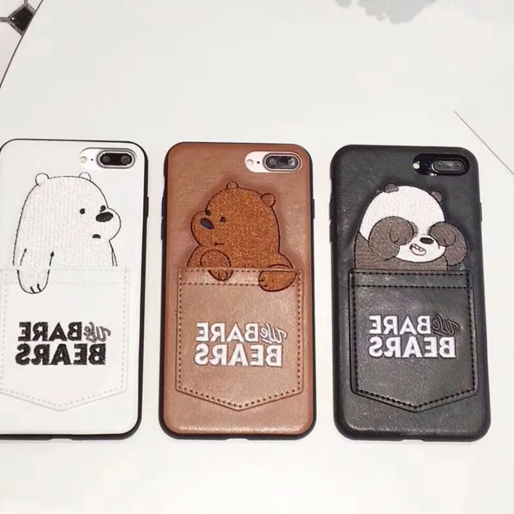 

3D Cartoon Embroidery 3D We Bare Bears Card Pocket Phone Case For iPhone X 7 6 6s 8 Plus Leather Soft Bumper Mobile Phone Case