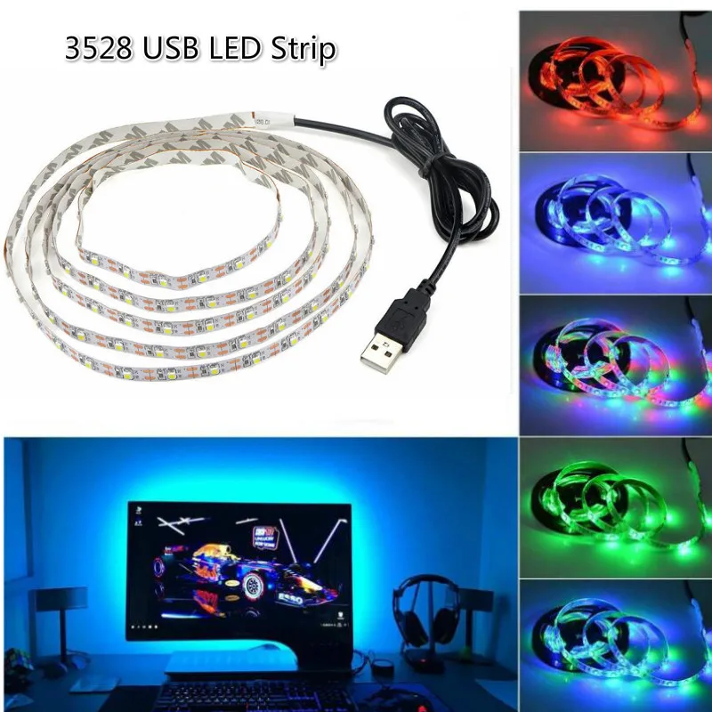 

DC 5V USB LED strip SMD 3528 RGB Flexible Light Lamps LED Light TV Background Lighting Adhesive Tape not waterproof 1M 2M 3M 5M