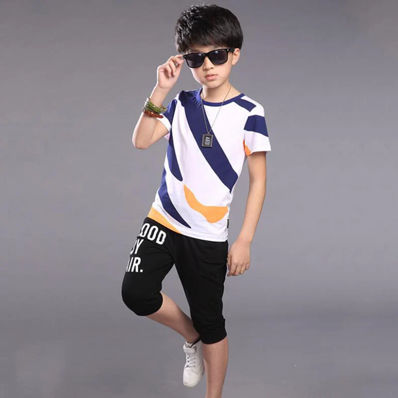 Летние детские комплекты одежды для мальчиков костюм для мальчиков детская спортивная одежда Подростковая детская одежда с короткими рукавами+ штаны - Цвет: white