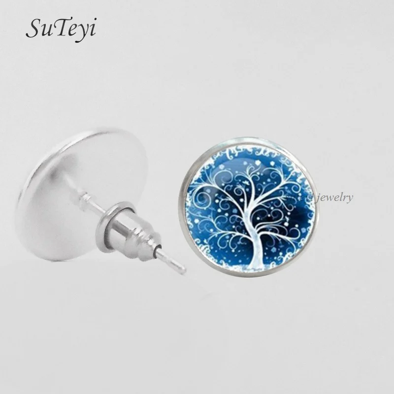 

SUTEYI Vintage Plant Life Tree Picture Glass Cabochon Earrings Women Girls Handmade Crystal Stud Earrings Jewelry