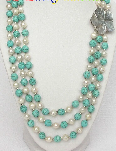 

Hot sale Free Shipping>>>>>Genuine 3row 8mm white pearl faceted turquoise necklace 18