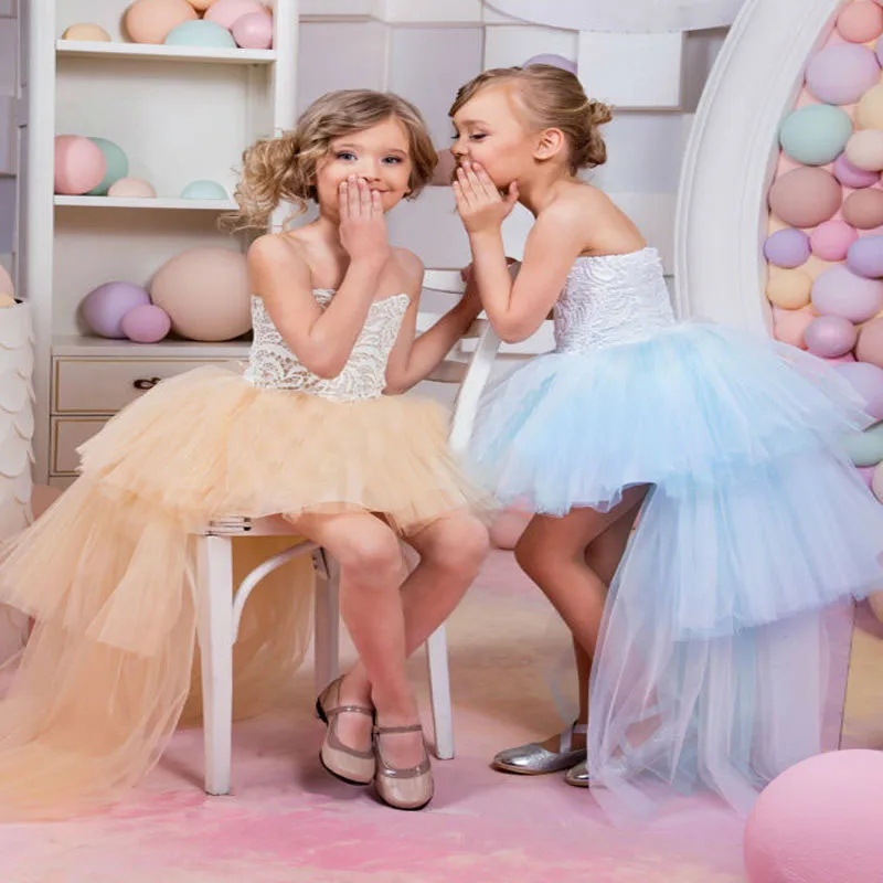 

New Pretty Hot Sale Flower Girl Dress Lace Tulle High-low Kids Dress Lace Tulle Custom Made First Communion Gowns Vestidos Longo