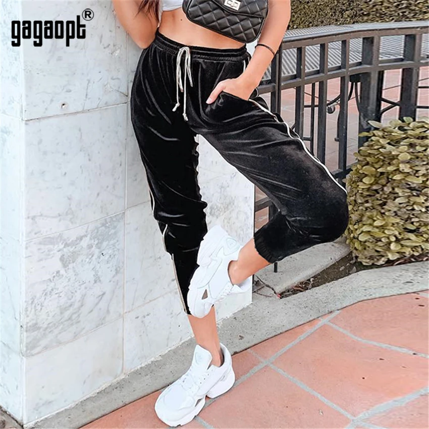Gagaopt 3 цвета бархатные брюки Для женщин в полоску Спортивные Штаны Твердые Drawstring