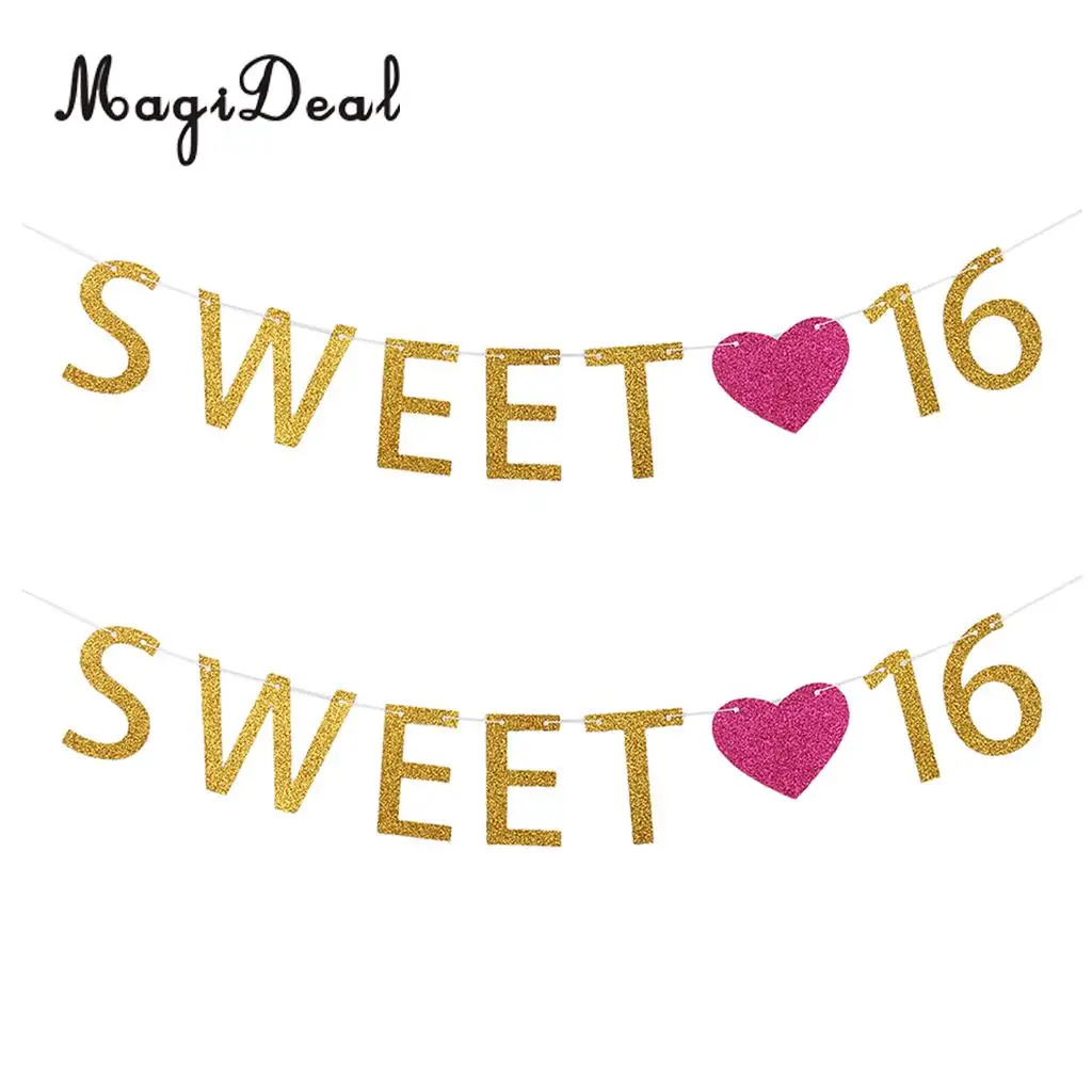 Pack of 2pcs Glitter Sweet 16 Heart Happy 16th Birthday Party Banner Bunting Girls Celebration Room Decoration Photo Props