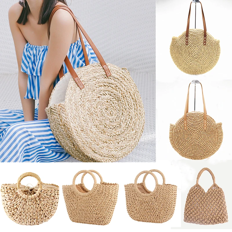 

Straw Bag Women Summer Rattan Bag Handmade Woven Beach Circle Bohemia Handbag