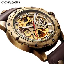 Retro Bronze Bezel Skeleton Steampunk Automatic Watches Mens Sports Clock Luxury Top Brand Vintage Leather Mechanical