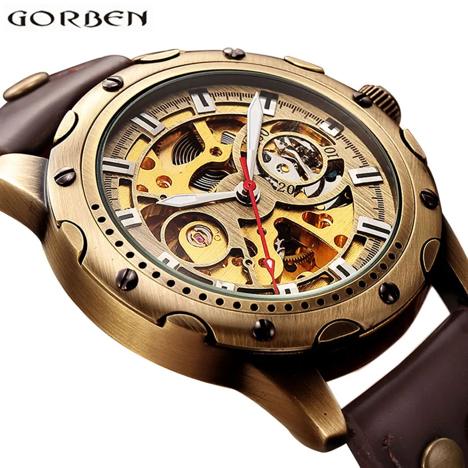 Retro Bronze Bezel Skeleton font b Steampunk b font Automatic font b Watches b font Mens