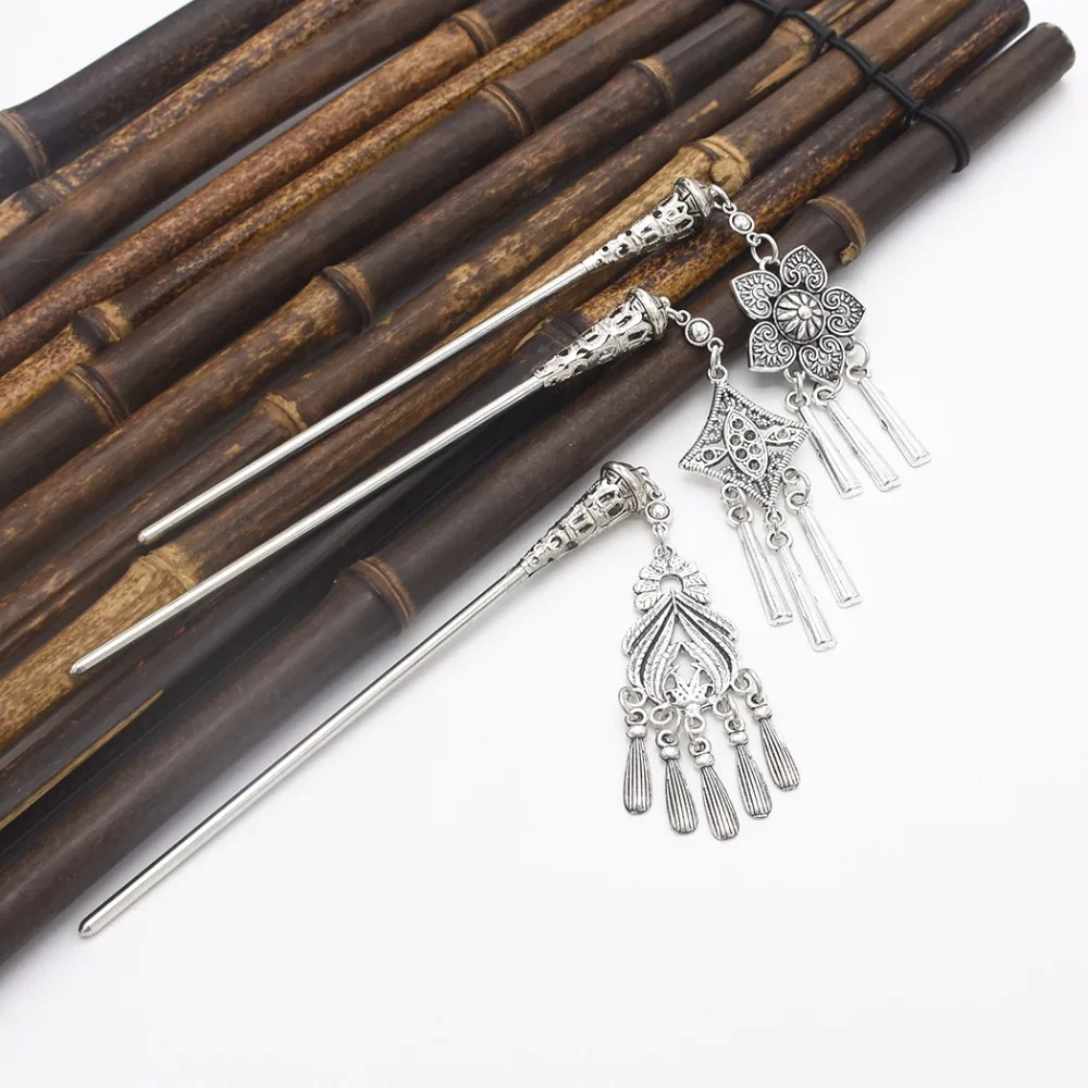 Vintage Chinese Hair Sticks For Women Hairpin Chain Headpieces Gypsy Ethnic Silver Metal Tassel Flower Hair Stick Pieces Jewelry - Image 2