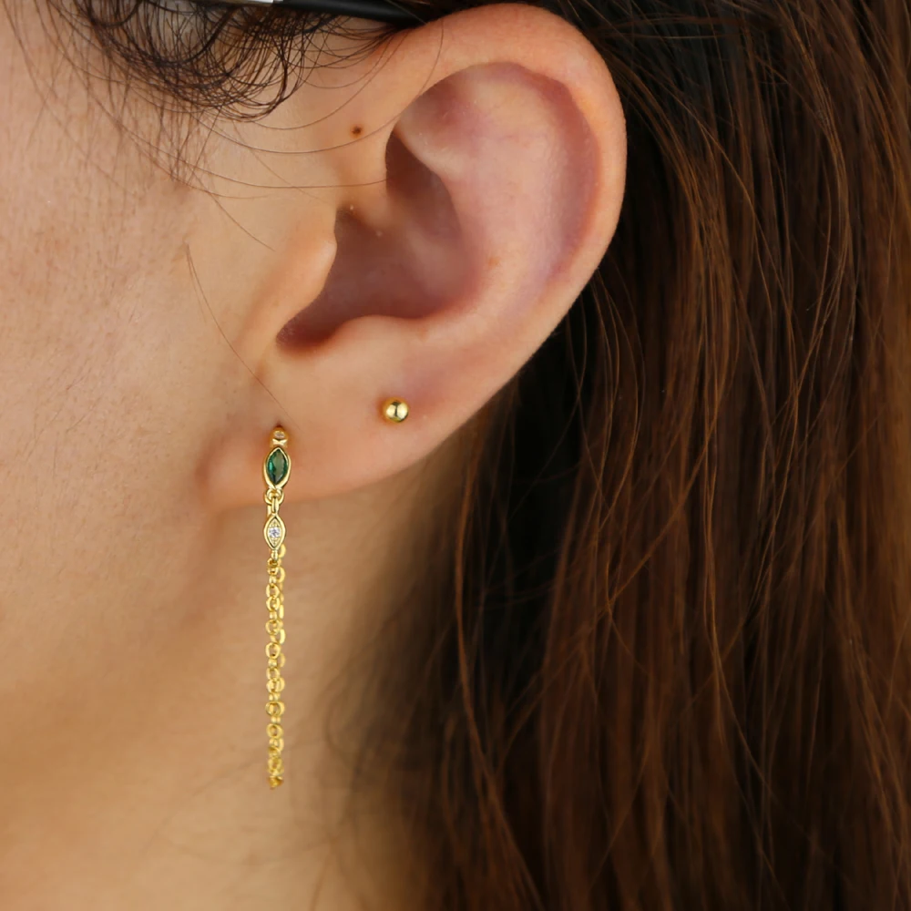 

real 925 Sterling SILVER green white eye shape CZ dangle earring with long chain tassel charm wedding earring jewelry gift