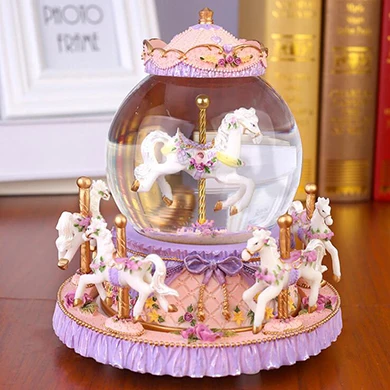 Luxury Carousel Crystal Ball Glass Ball Doll Miniature LOHOME Rotate Music Box 